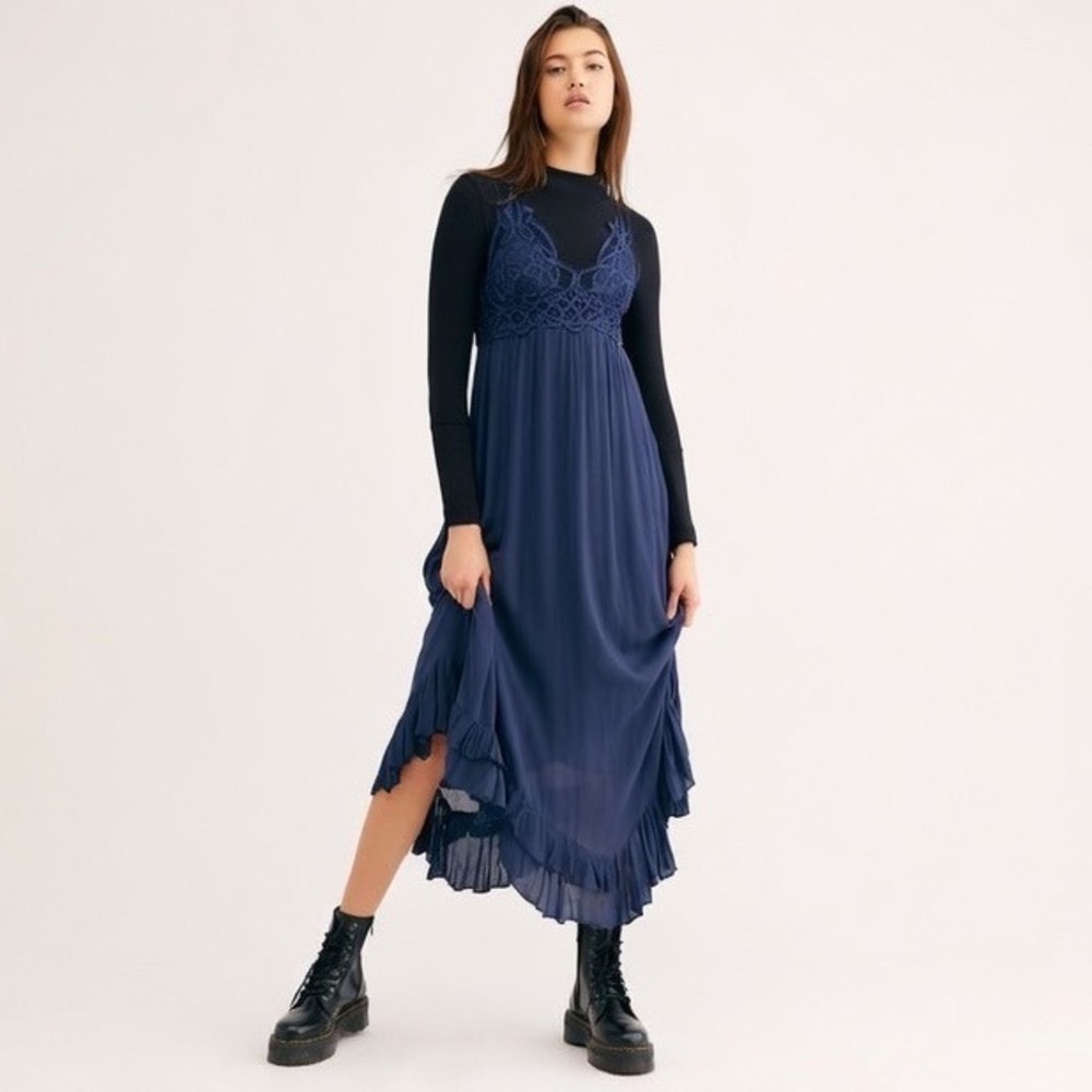 Free People FP One Adella Maxi Slip Dress Navy Blue Crochet Lace Ruffle Small
